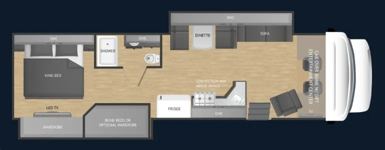2027 Nexus Ghost 36DS Super C motorhome, motorhome floor plan showing king bed, dinette, sofa, kitchen, and bathroom layout