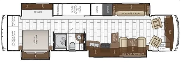 2019 Newmar Ventana 4045 Class A Diesel Pusher motorhome, floor plan showing layout with bedroom, bath, galley, and living areas