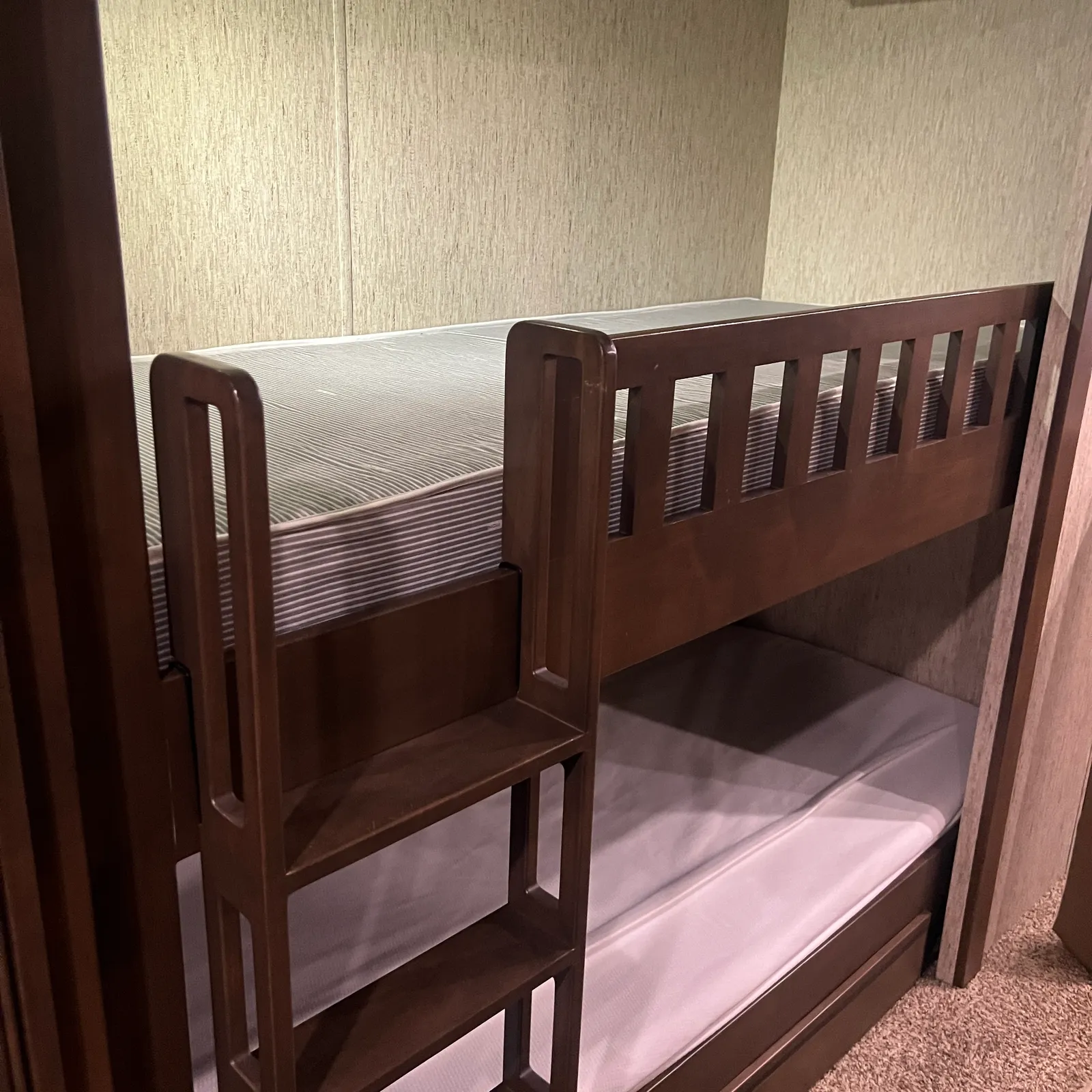 2019 Newmar Ventana 4045 Class A Diesel Pusher motorhome, bunk bed with dark wood frame and striped mattresses