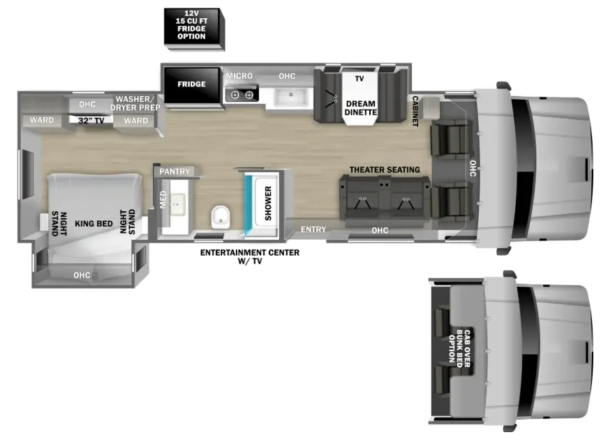 2027 Dynamax Corp DX3 32KD Super C motorhome, motorhome layout with king bed, theater seating, and kitchen appliances