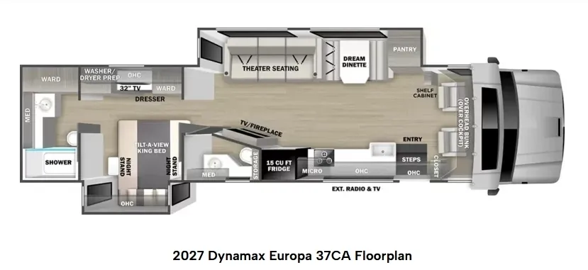 2027 Dynamax Corp Europa S 37CA Super C motorhome, motorhome layout showing sleeping, kitchen, dining, and living areas