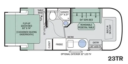 2018 Thor Motor Coach Compass 23TR Class C motorhome, motorhome layout showing sofa bed, bathroom, kitchen, bedroom and dinette