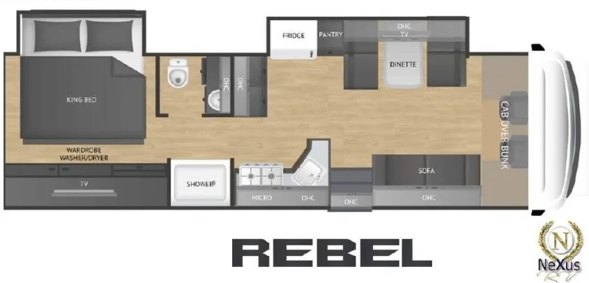 2027 Nexus Rebel AIR 34R Super C motorhome, motorhome floorplan showing king bed, dinette, galley, and living areas