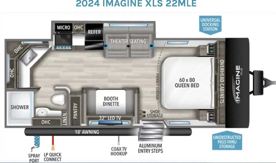 2024 Grand Design Imagine Xls 22MLE Travel Trailer motorhome, floorplan showing layout with galley, dinette, bedroom, bath and theater seating