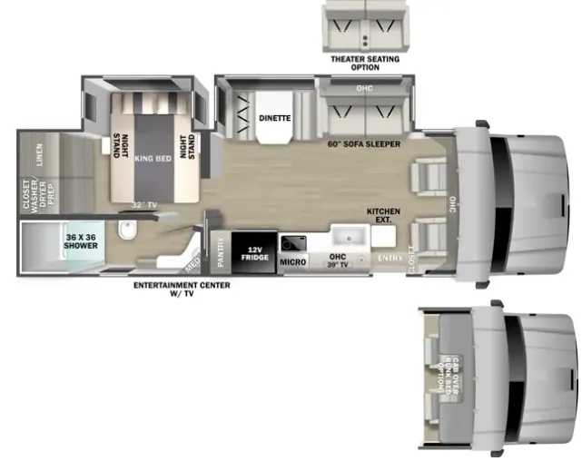 2027 Dynamax Corp Europa 31SS Super C motorhome, floor plan showing kitchen, dinette, sofa sleeper, and bedrooms